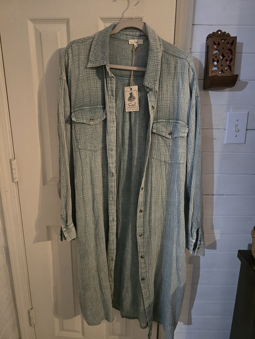 Easel Light Green Long Plaid Button-Up Shirt Jacket/dress